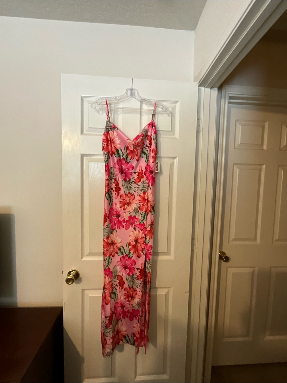 Floral Pink Satin Maxi Dress with Split